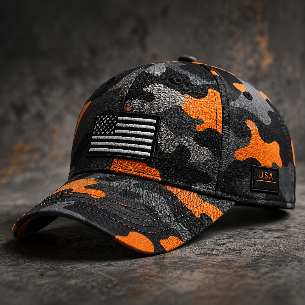 USA Flag Orange Camo Baseball Cap, Embroidered American Flag Tactical Trucker Hat